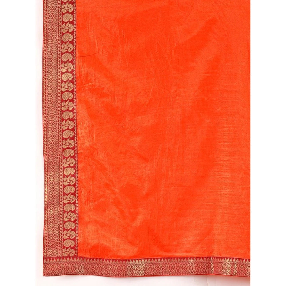 Generic Women's Vichitra Plain Saree With Unstitched Blouse (Orange, 5-6 Mtrs) - Noble Nook