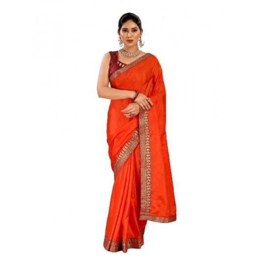 Generic Women's Vichitra Plain Saree With Unstitched Blouse (Orange, 5-6 Mtrs) - Noble Nook