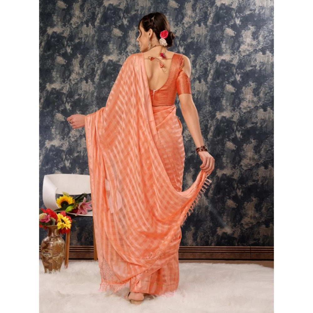 Generic Women's Chiffon Fabric Line Saree With Unstitched Blouse (Peach, 5-6 Mtrs) - Noble Nook