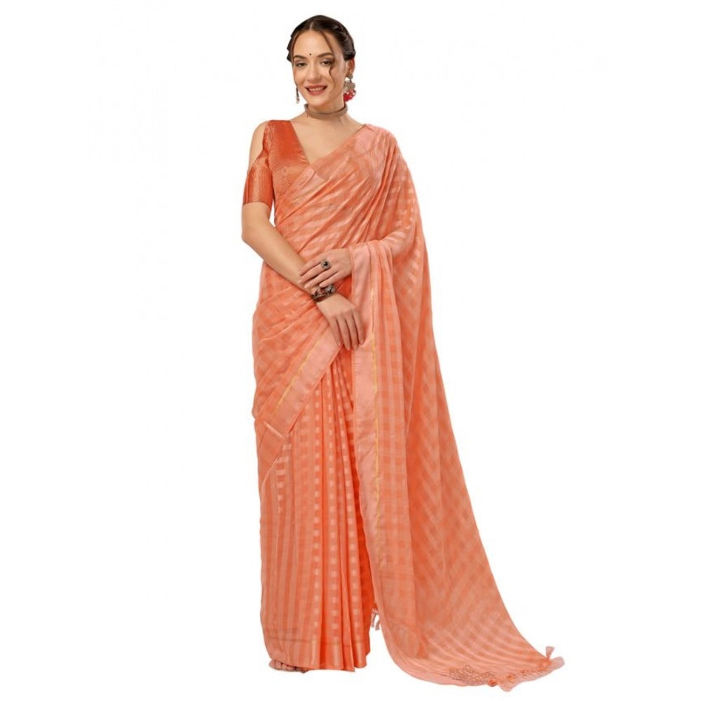 Generic Women's Chiffon Fabric Line Saree With Unstitched Blouse (Peach, 5-6 Mtrs) - Noble Nook