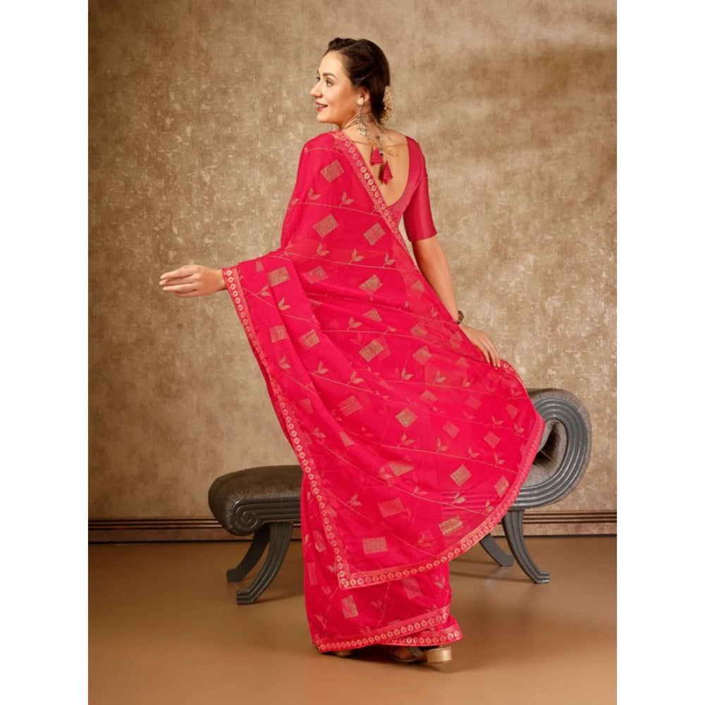 Generic Women's Zomto Patta Chiffon Saree With Unstitched Blouse (Pink, 5-6 Mtrs) - Noble Nook