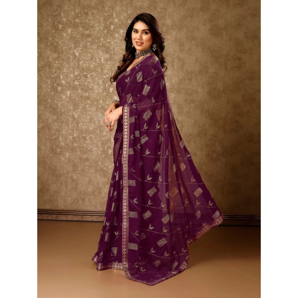 Generic Women's Zomto Patta Chiffon Saree With Unstitched Blouse (Wine, 5-6 Mtrs) - Noble Nook