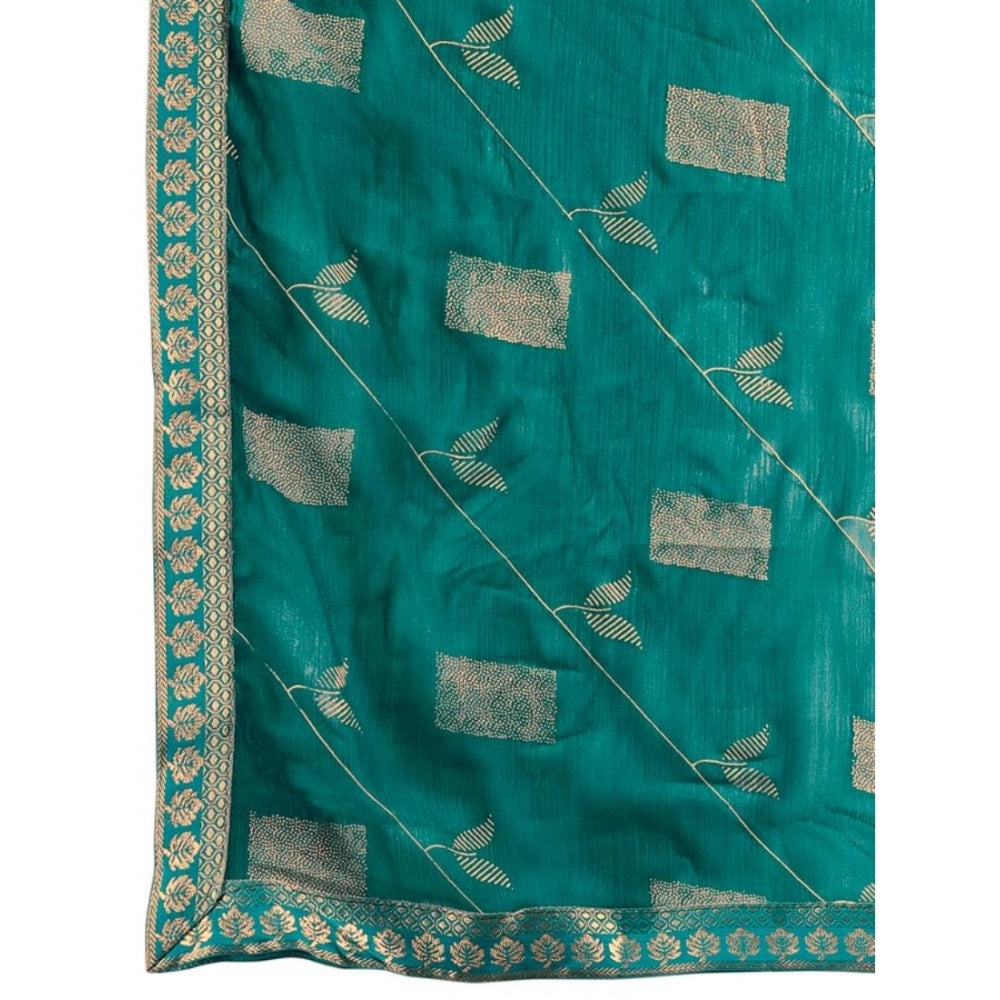 Generic Women's Zomto Patta Chiffon Saree With Unstitched Blouse (Teal Blue, 5-6 Mtrs) - Noble Nook