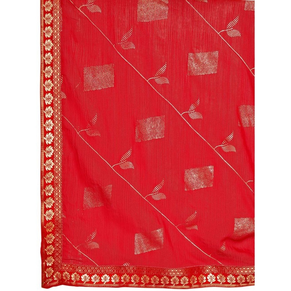 Generic Women's Zomto Patta Chiffon Saree With Unstitched Blouse (Red, 5-6 Mtrs) - Noble Nook