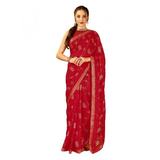 Generic Women's Zomto Patta Chiffon Saree With Unstitched Blouse (Red, 5-6 Mtrs) - Noble Nook