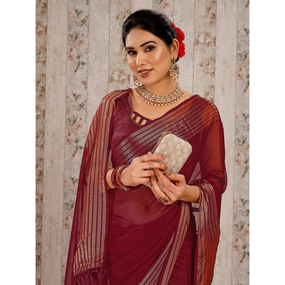 Generic Women's Chiffon Fabric Plain Saree With Unstitched Blouse (Maroon, 5-6 Mtrs) - Noble Nook