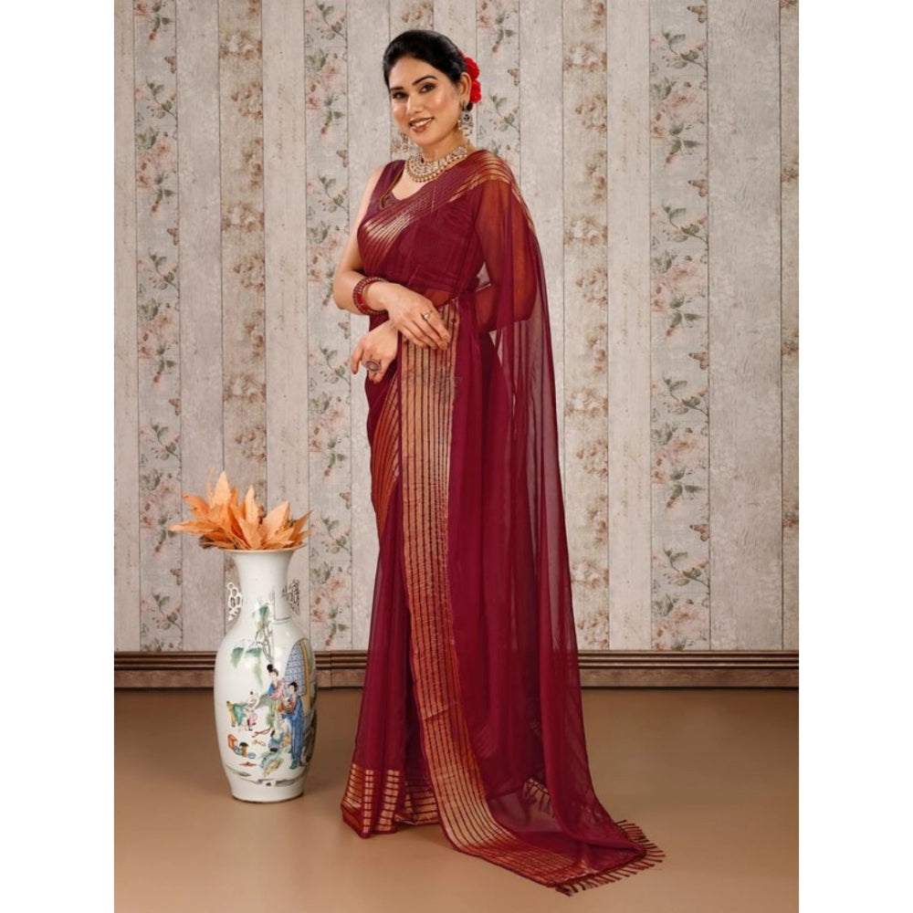 Generic Women's Chiffon Fabric Plain Saree With Unstitched Blouse (Maroon, 5-6 Mtrs) - Noble Nook