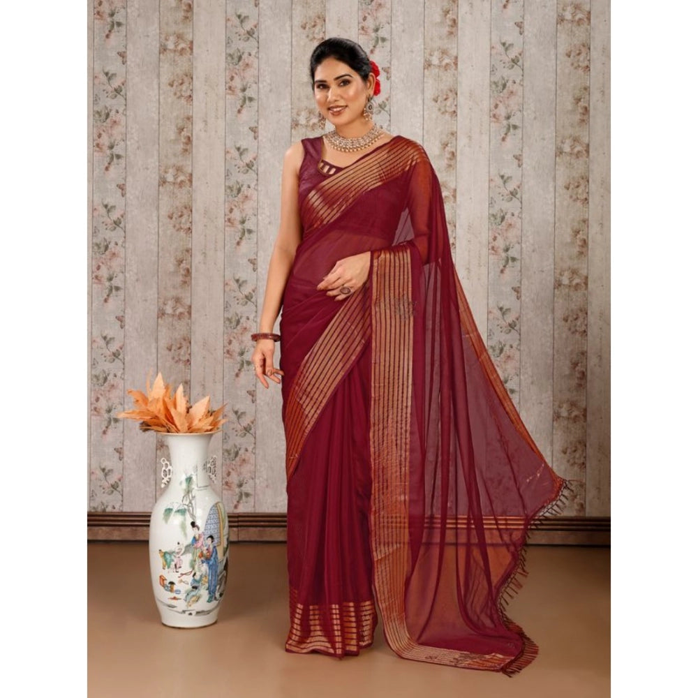 Generic Women's Chiffon Fabric Plain Saree With Unstitched Blouse (Maroon, 5-6 Mtrs) - Noble Nook