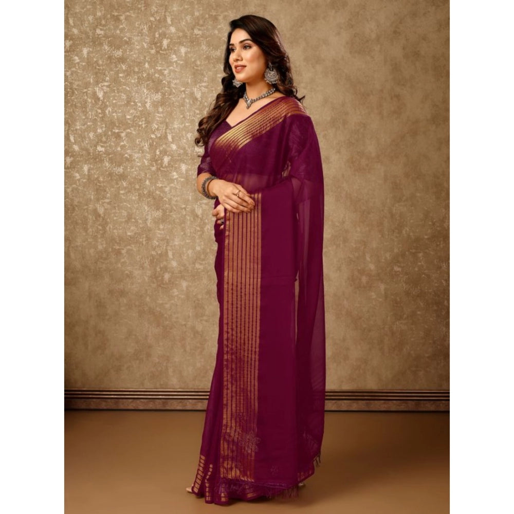 Generic Women's Chiffon Fabric Plain Saree With Unstitched Blouse (Wine, 5-6 Mtrs) - Noble Nook