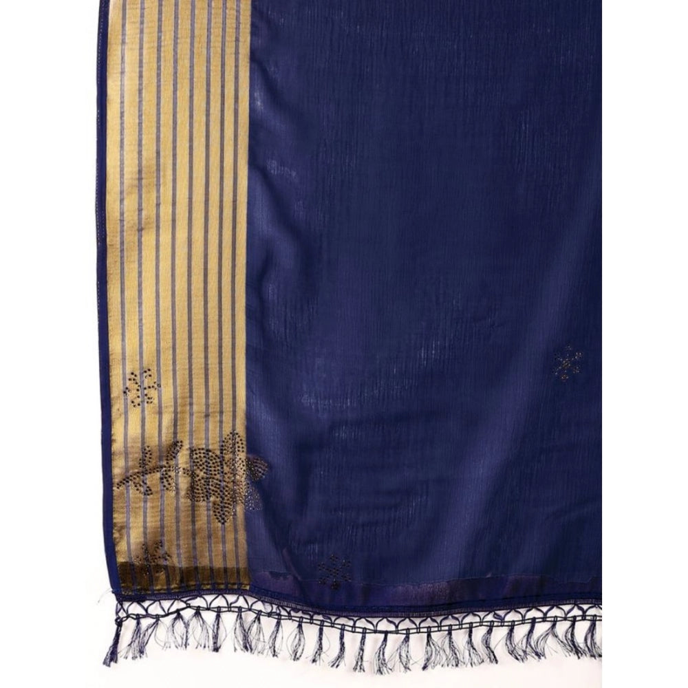 Generic Women's Chiffon Fabric Plain Saree With Unstitched Blouse (Blue, 5-6 Mtrs) - Noble Nook