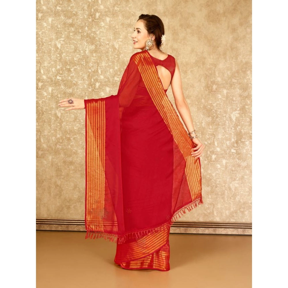 Generic Women's Chiffon Fabric Plain Saree With Unstitched Blouse (Red, 5-6 Mtrs) - Noble Nook