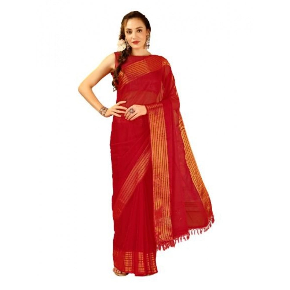 Generic Women's Chiffon Fabric Plain Saree With Unstitched Blouse (Red, 5-6 Mtrs) - Noble Nook