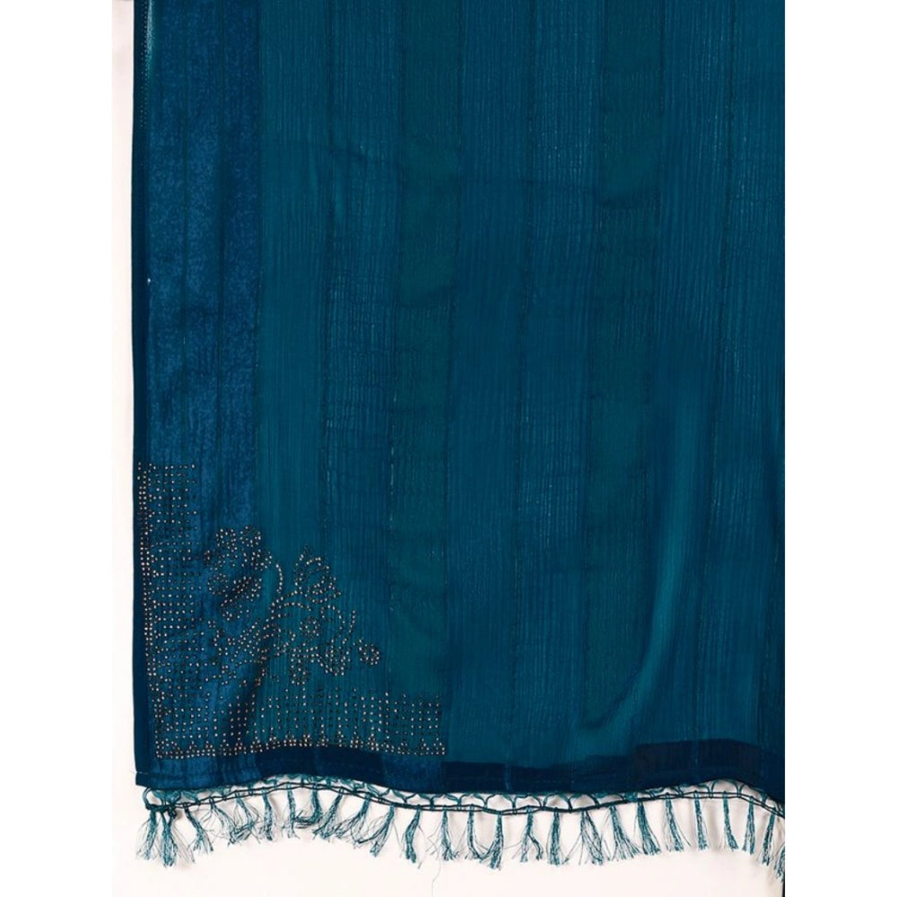 Generic Women's Chiffon Fabric Line Saree With Unstitched Blouse (Blue, 5-6 Mtrs) - Noble Nook