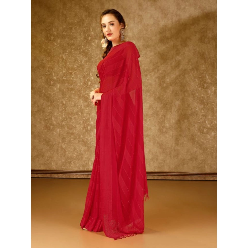 Generic Women's Chiffon Fabric Line Saree With Unstitched Blouse (Red, 5-6 Mtrs) - Noble Nook