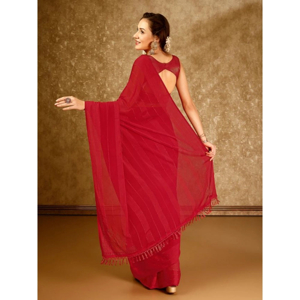 Generic Women's Chiffon Fabric Line Saree With Unstitched Blouse (Red, 5-6 Mtrs) - Noble Nook