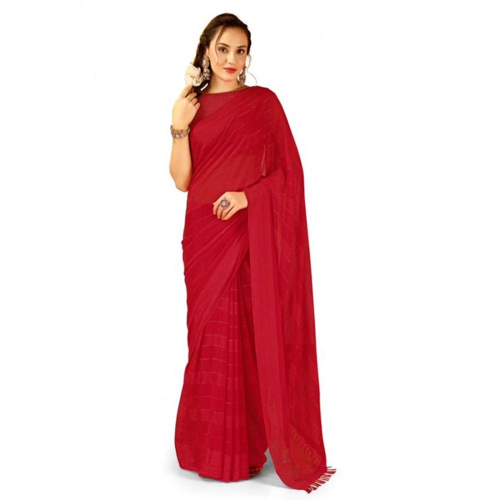 Generic Women's Chiffon Fabric Line Saree With Unstitched Blouse (Red, 5-6 Mtrs) - Noble Nook