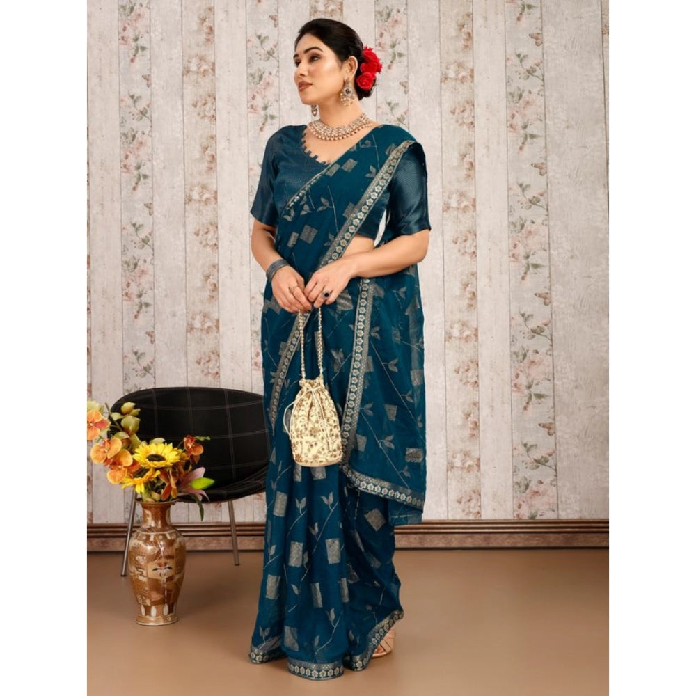 Generic Women's Zomto Patta Chiffon Saree With Unstitched Blouse (Blue, 5-6 Mtrs) - Noble Nook