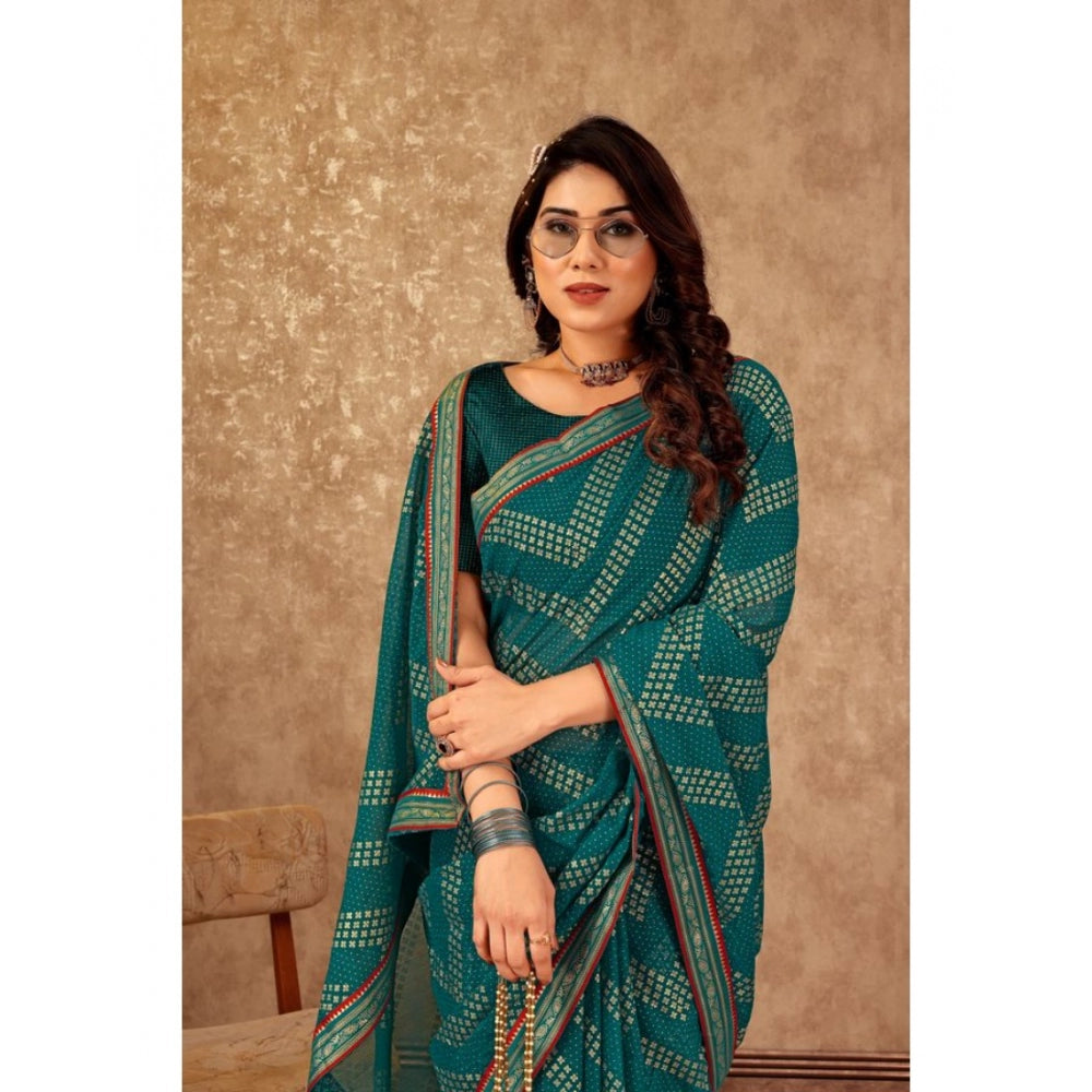 Generic Women's Zomto Zig Zag Saree With Unstitched Blouse (Teal Blue, 5-6 Mtrs) - Noble Nook