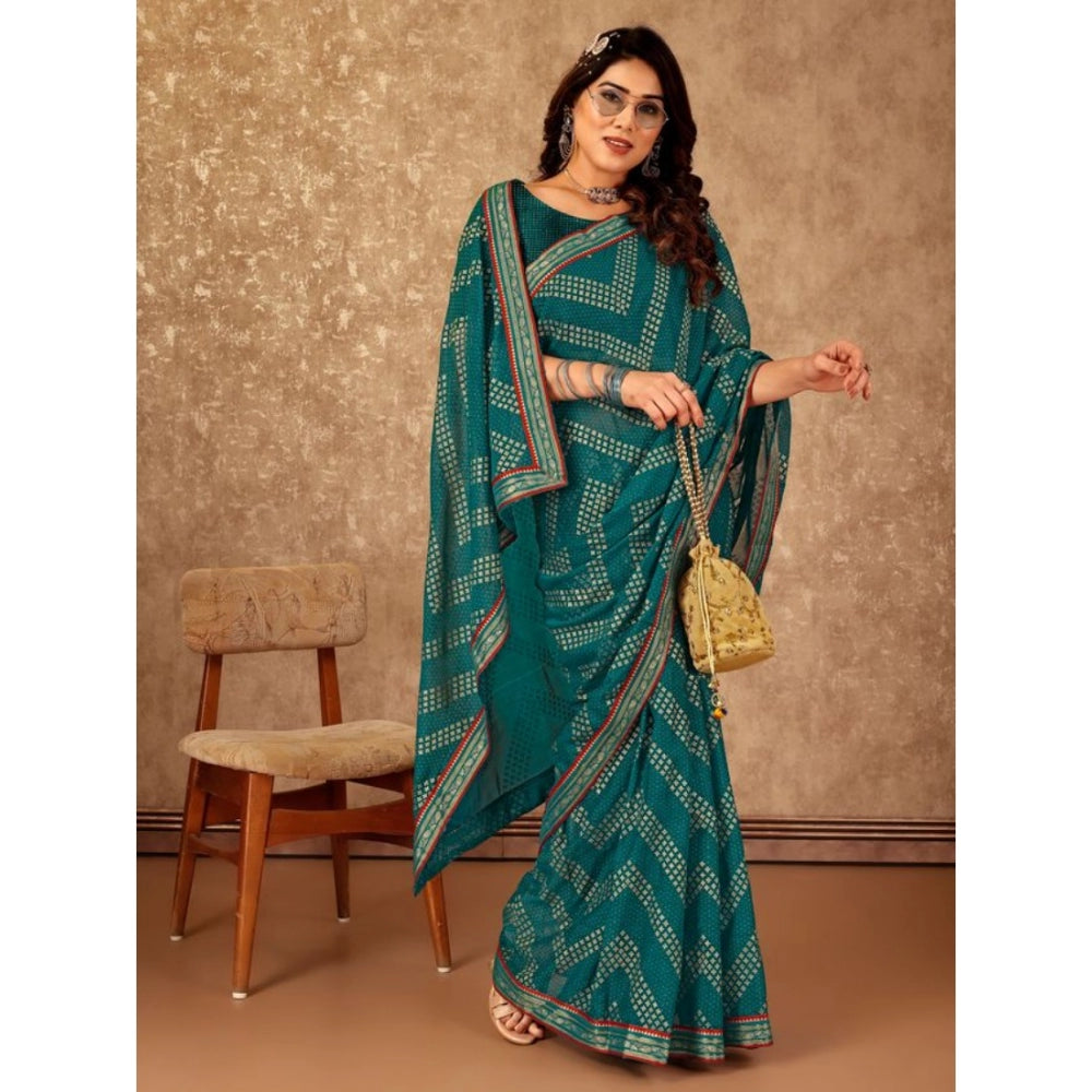 Generic Women's Zomto Zig Zag Saree With Unstitched Blouse (Teal Blue, 5-6 Mtrs) - Noble Nook