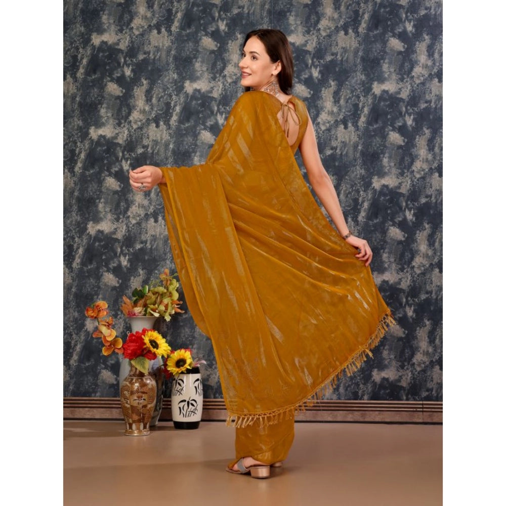 Generic Women's Chiffon Fabric Line Saree With Unstitched Blouse (Mustard, 5-6 Mtrs) - Noble Nook