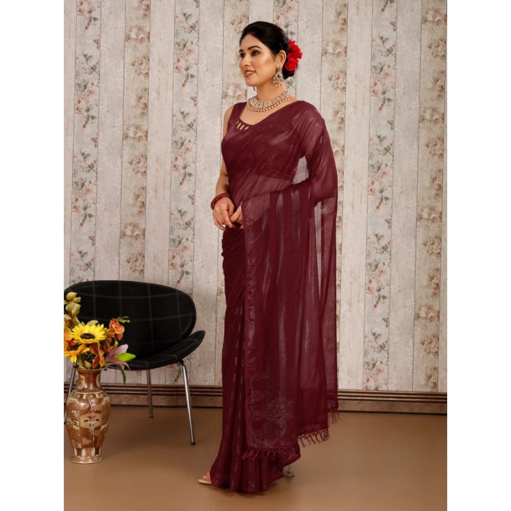 Generic Women's Chiffon Fabric Line Saree With Unstitched Blouse (Maroon, 5-6 Mtrs) - Noble Nook