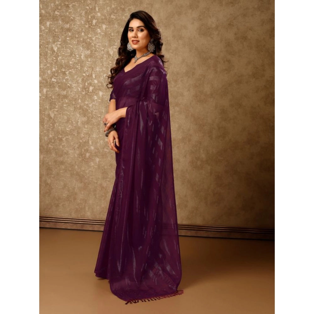 Generic Women's Chiffon Fabric Line Saree With Unstitched Blouse (Purple, 5-6 Mtrs) - Noble Nook