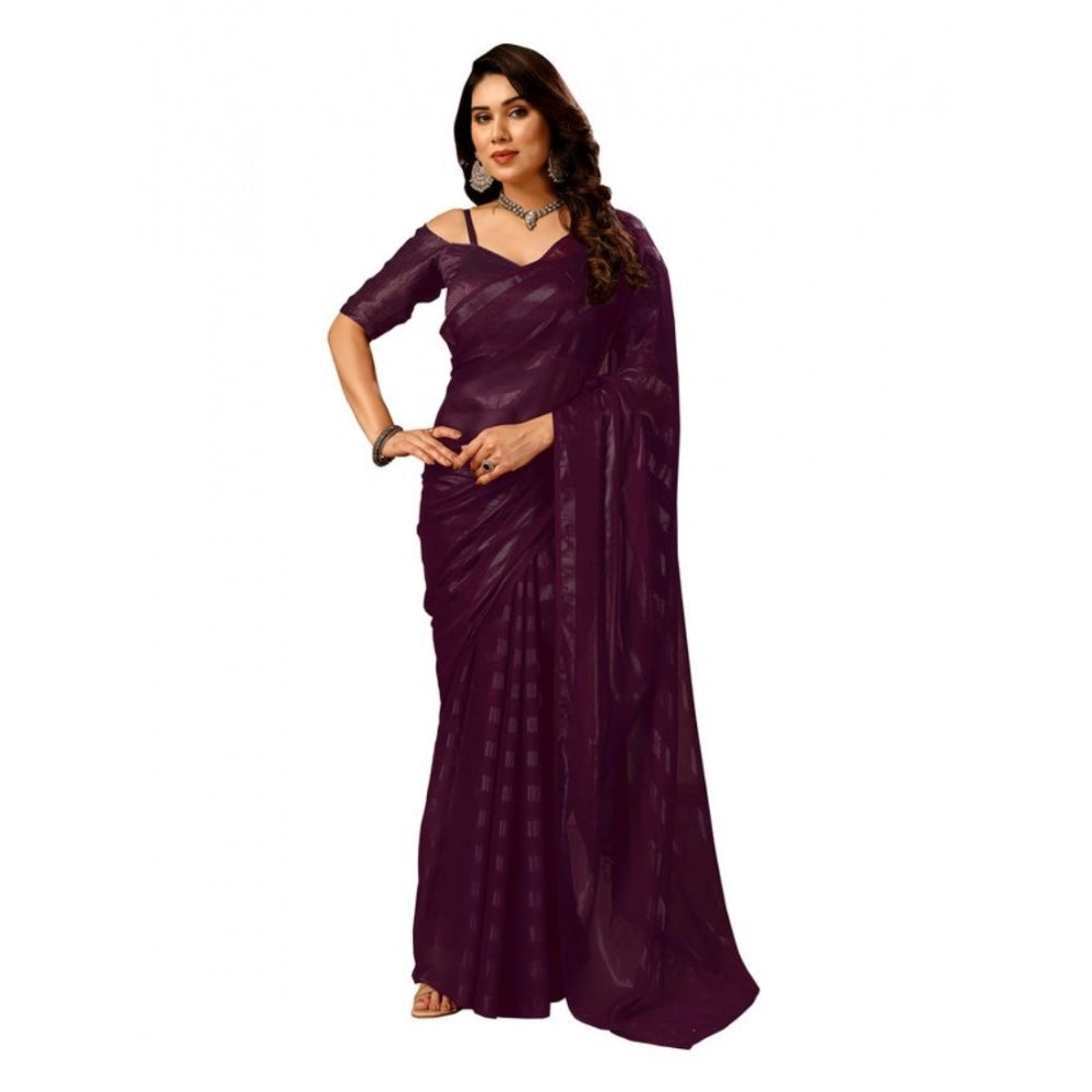 Generic Women's Chiffon Fabric Line Saree With Unstitched Blouse (Purple, 5-6 Mtrs) - Noble Nook