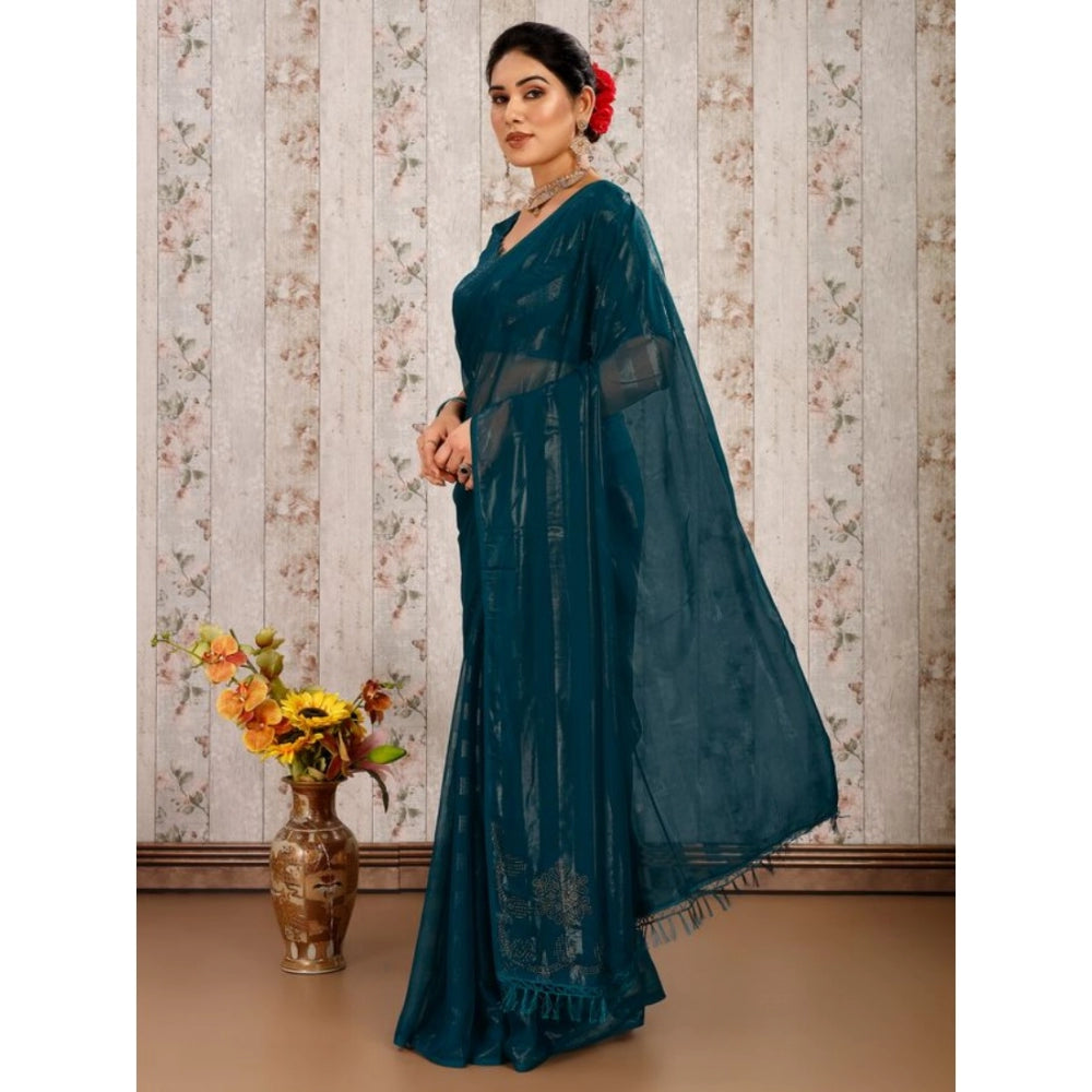 Generic Women's Chiffon Fabric Line Saree With Unstitched Blouse (Teal Blue, 5-6 Mtrs) - Noble Nook