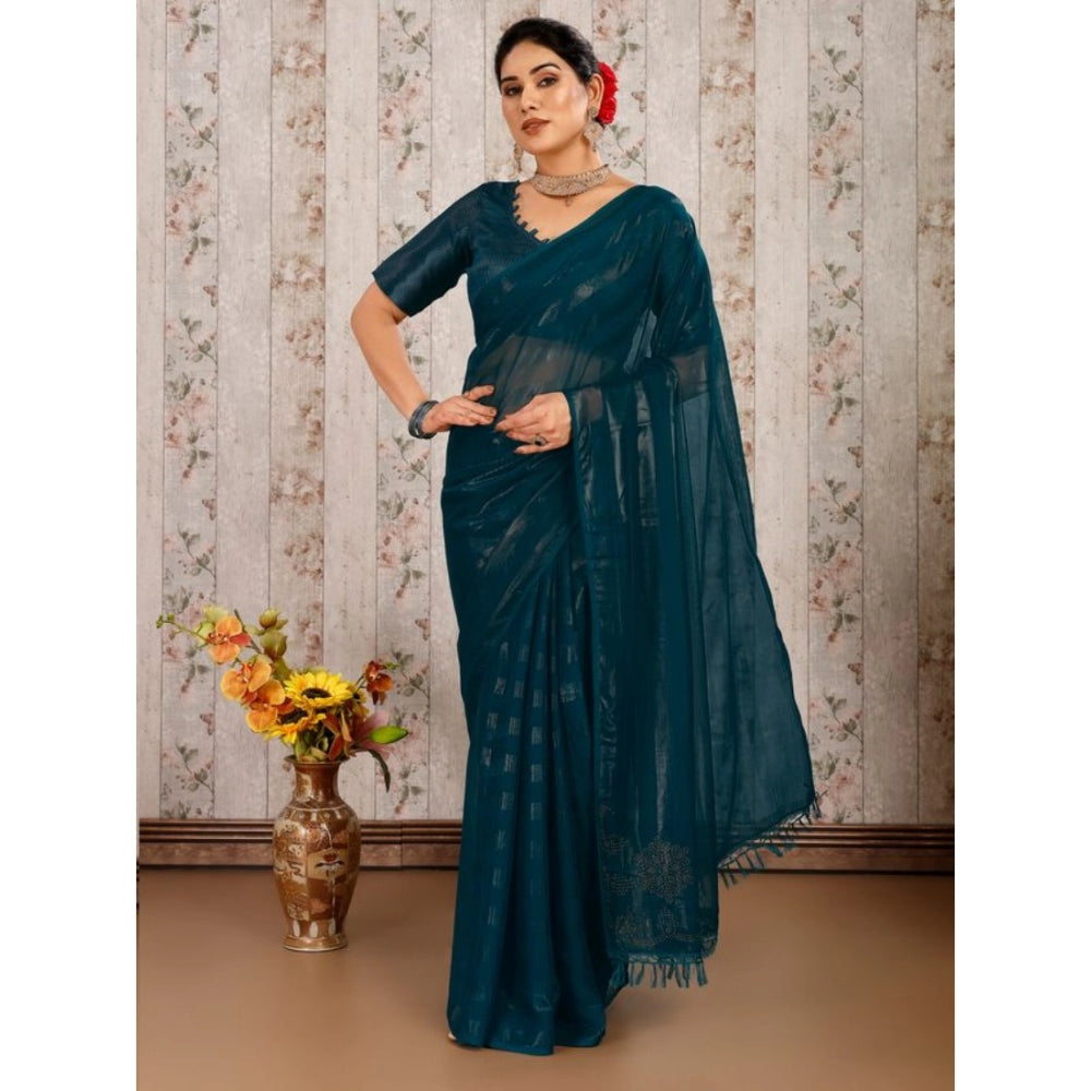 Generic Women's Chiffon Fabric Line Saree With Unstitched Blouse (Teal Blue, 5-6 Mtrs) - Noble Nook