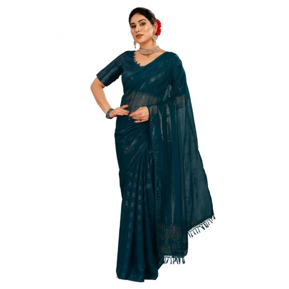 Generic Women's Chiffon Fabric Line Saree With Unstitched Blouse (Teal Blue, 5-6 Mtrs) - Noble Nook