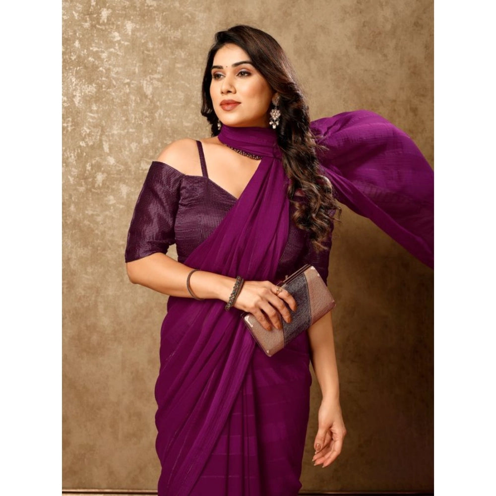 Generic Women's Chiffon Fabric Line Saree With Unstitched Blouse (Wine, 5-6 Mtrs) - Noble Nook