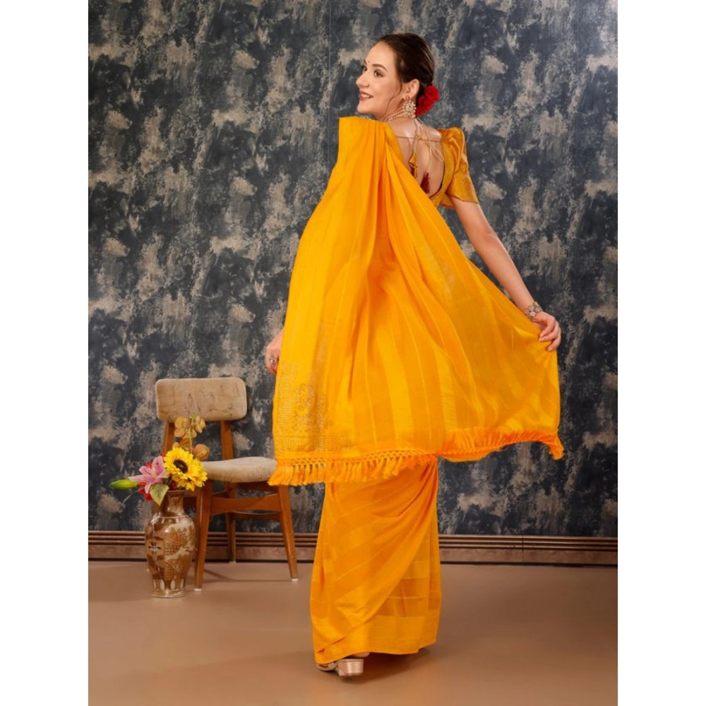 Generic Women's Chiffon Fabric Line Saree With Unstitched Blouse (Yellow, 5-6 Mtrs) - Noble Nook