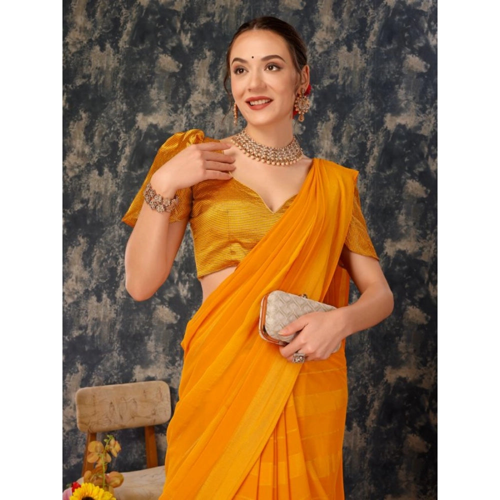 Generic Women's Chiffon Fabric Line Saree With Unstitched Blouse (Yellow, 5-6 Mtrs) - Noble Nook