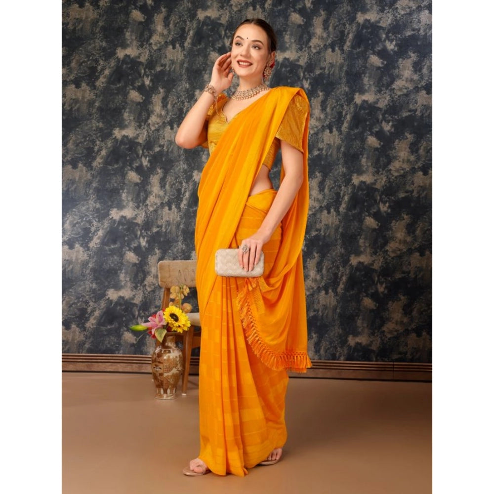 Generic Women's Chiffon Fabric Line Saree With Unstitched Blouse (Yellow, 5-6 Mtrs) - Noble Nook