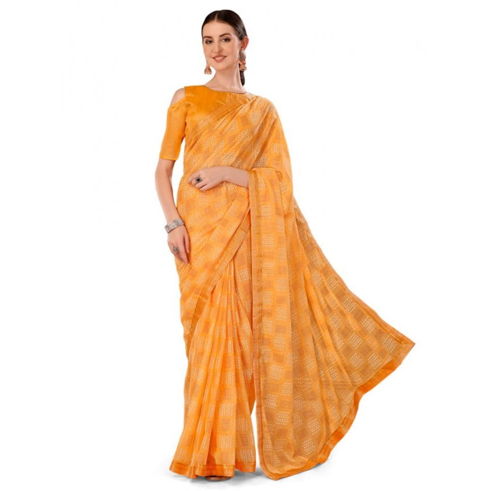 Generic Women's Zomto Checked Saree With Unstitched Blouse (Yellow, 5-6 Mtrs) - Noble Nook