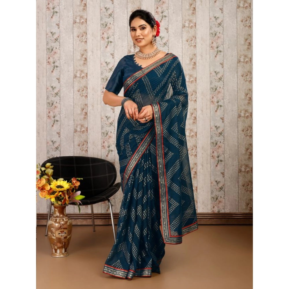 Generic Women's Zomto Zig Zag Saree With Unstitched Blouse (Blue, 5-6 Mtrs) - Noble Nook