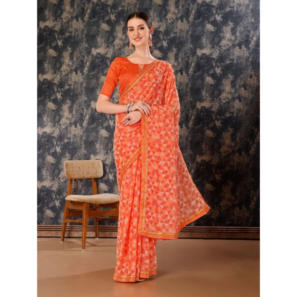 Generic Women's Zomto Printed Saree With Unstitched Blouse (Peach, 5-6 Mtrs) - Noble Nook