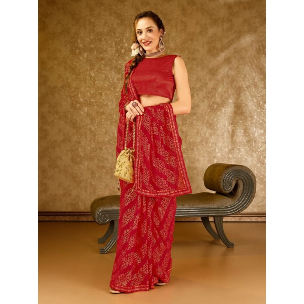 Generic Women's Zomto Bandhani Saree With Unstitched Blouse (Red, 5-6 Mtrs) - Noble Nook