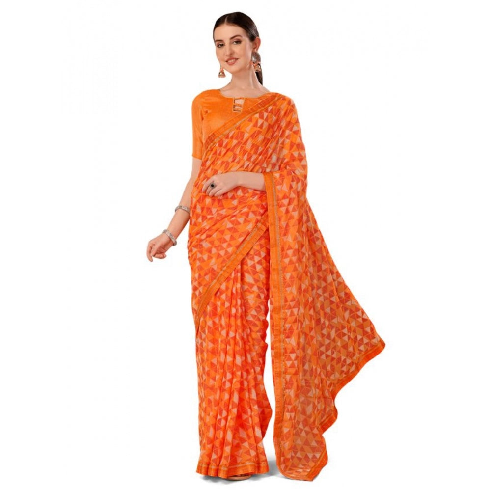 Generic Women's Zomto Printed Saree With Unstitched Blouse (Dark Orange, 5-6 Mtrs) - Noble Nook