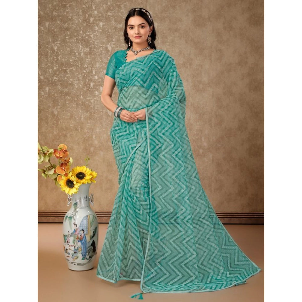 Generic Women's Linen Zig Zag Saree With Unstitched Blouse (Turquoise Green, 5-6 Mtrs) - Noble Nook