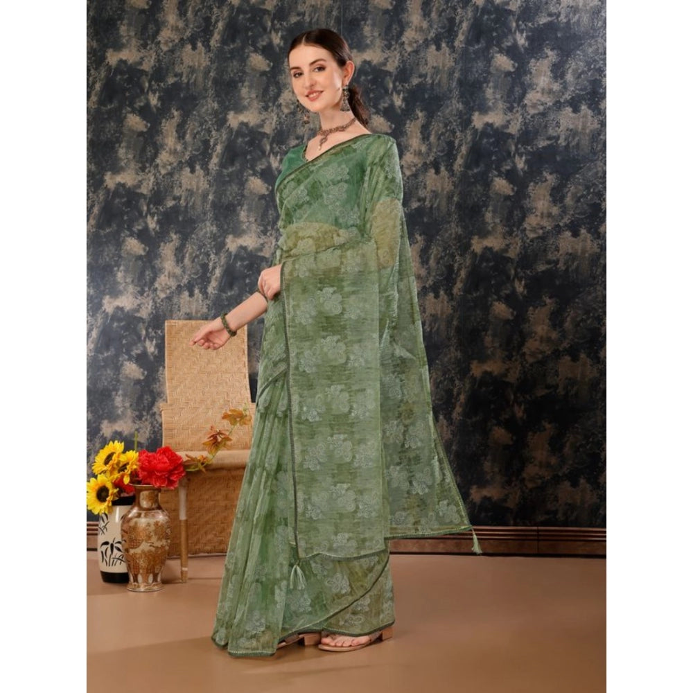 Generic Women's Linen Floral Printed Saree With Unstitched Blouse (Green, 5-6 Mtrs) - Noble Nook