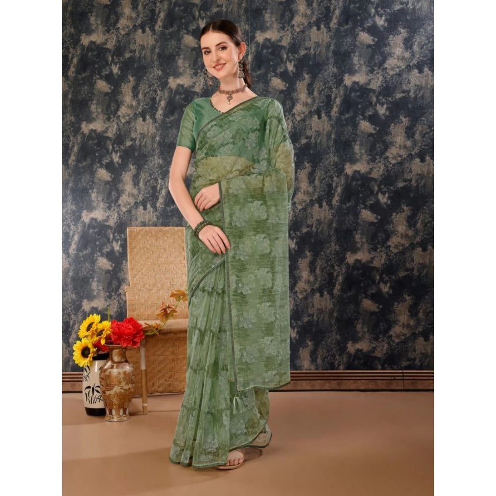 Generic Women's Linen Floral Printed Saree With Unstitched Blouse (Green, 5-6 Mtrs) - Noble Nook