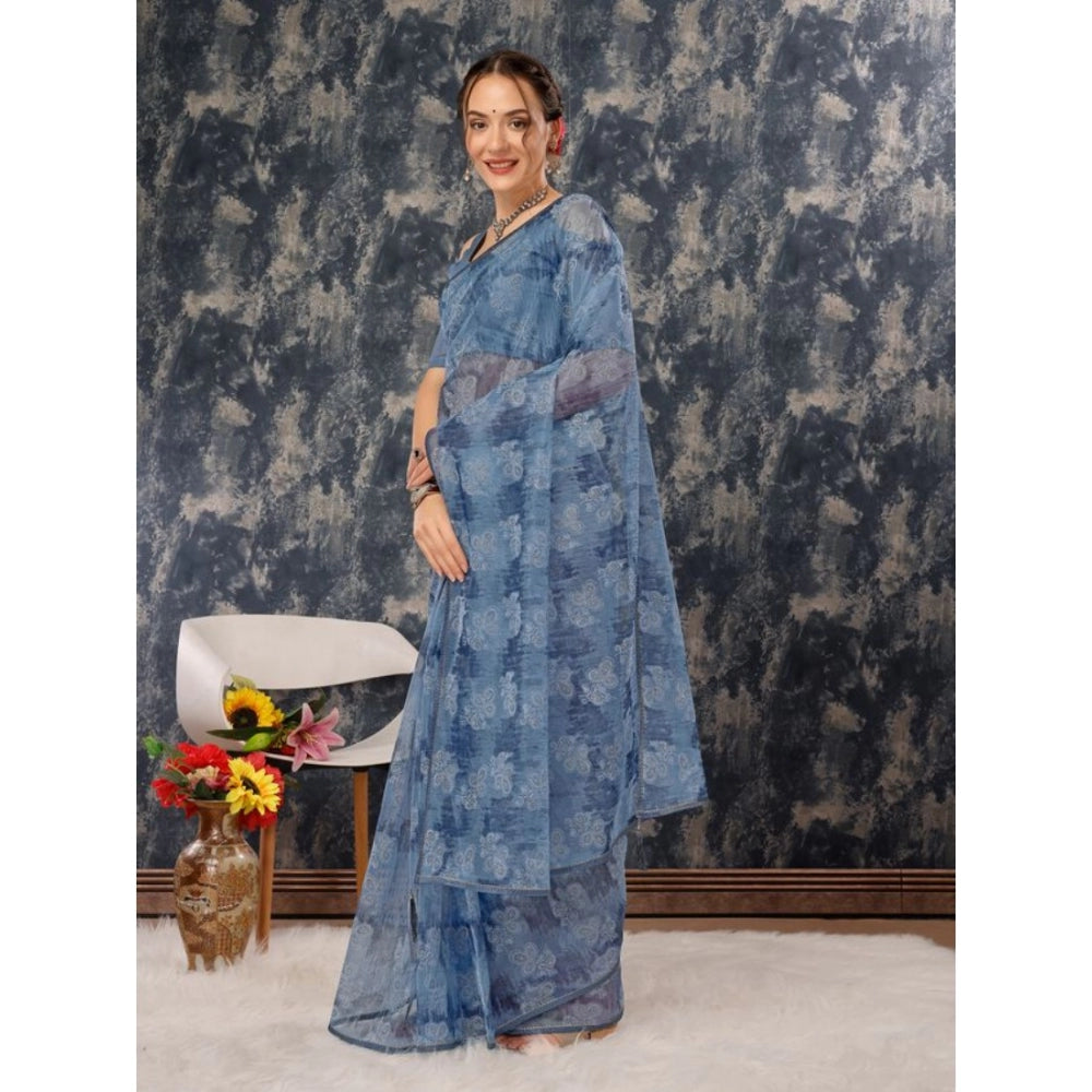 Generic Women's Linen Floral Printed Saree With Unstitched Blouse (Blue, 5-6 Mtrs) - Noble Nook