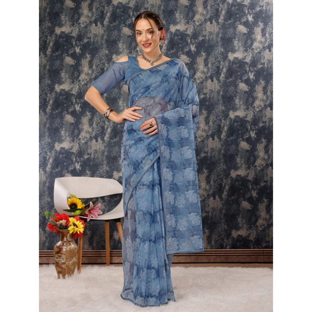 Generic Women's Linen Floral Printed Saree With Unstitched Blouse (Blue, 5-6 Mtrs) - Noble Nook