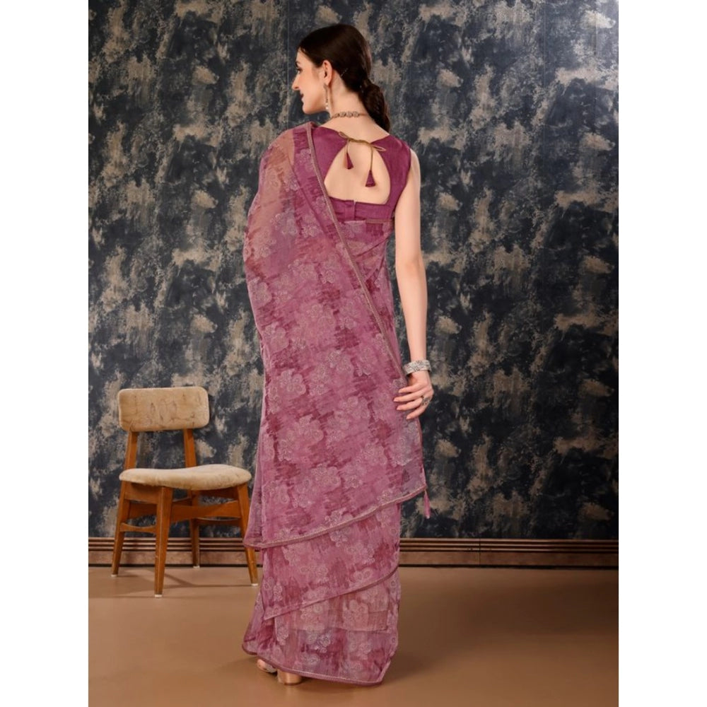 Generic Women's Linen Floral Printed Saree With Unstitched Blouse (Purple, 5-6 Mtrs) - Noble Nook