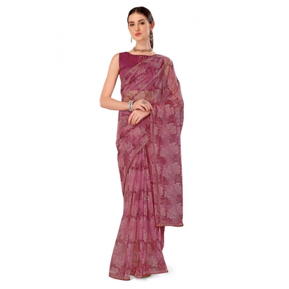 Generic Women's Linen Floral Printed Saree With Unstitched Blouse (Purple, 5-6 Mtrs) - Noble Nook