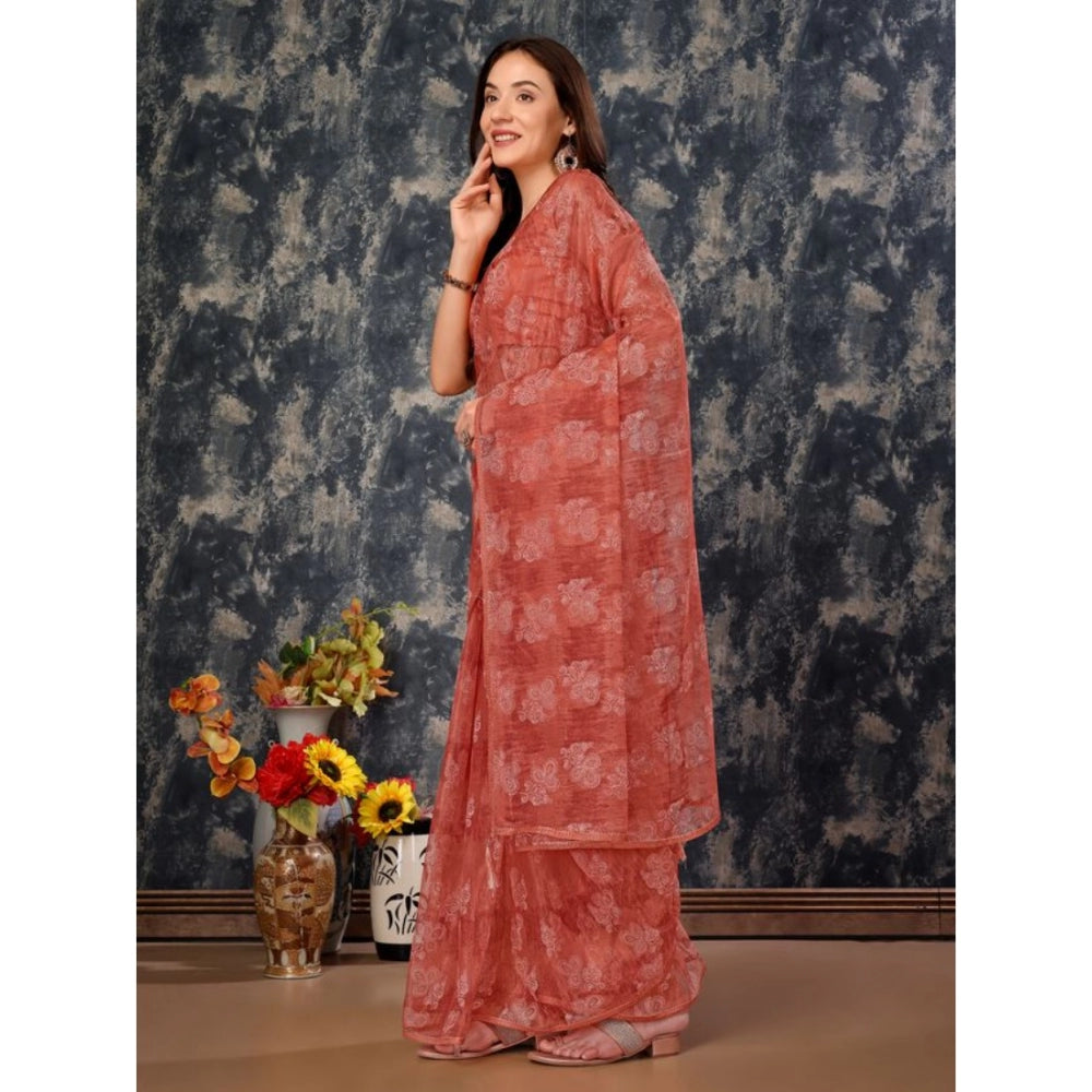 Generic Women's Linen Floral Printed Saree With Unstitched Blouse (Peach, 5-6 Mtrs) - Noble Nook