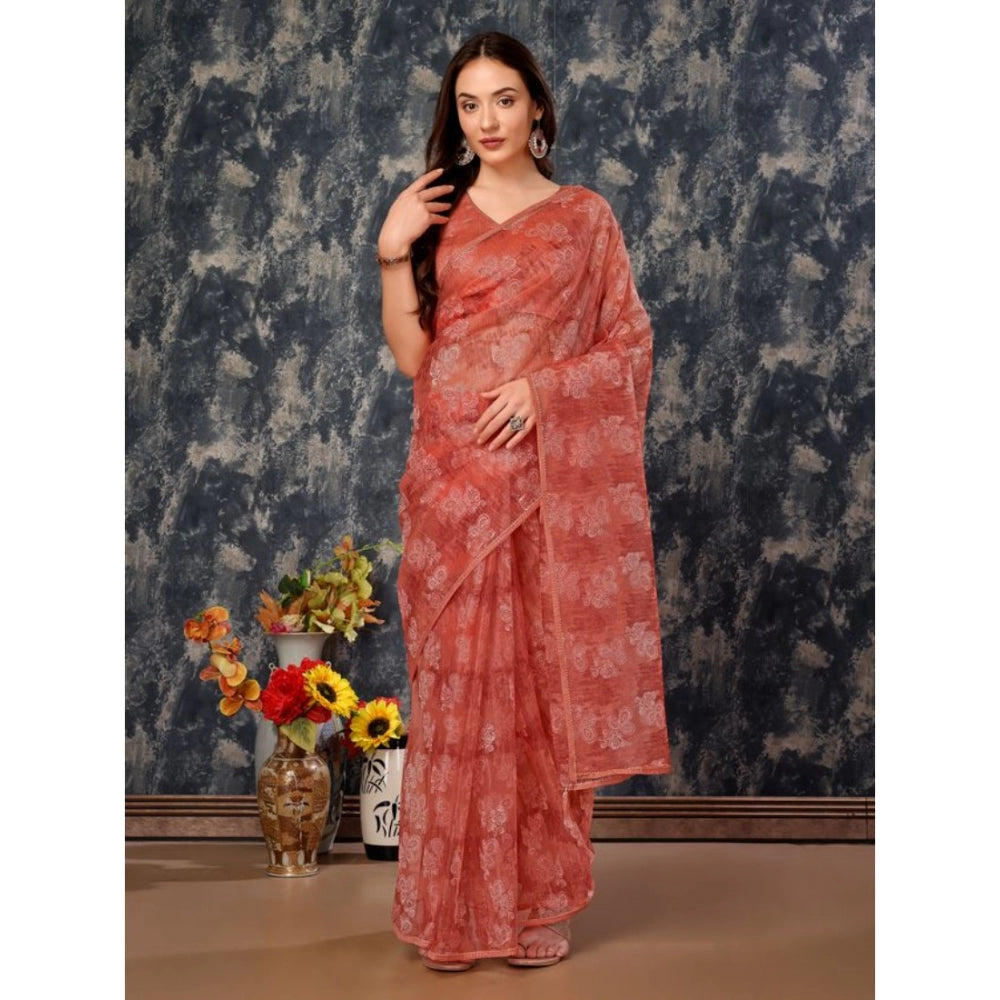 Generic Women's Linen Floral Printed Saree With Unstitched Blouse (Peach, 5-6 Mtrs) - Noble Nook