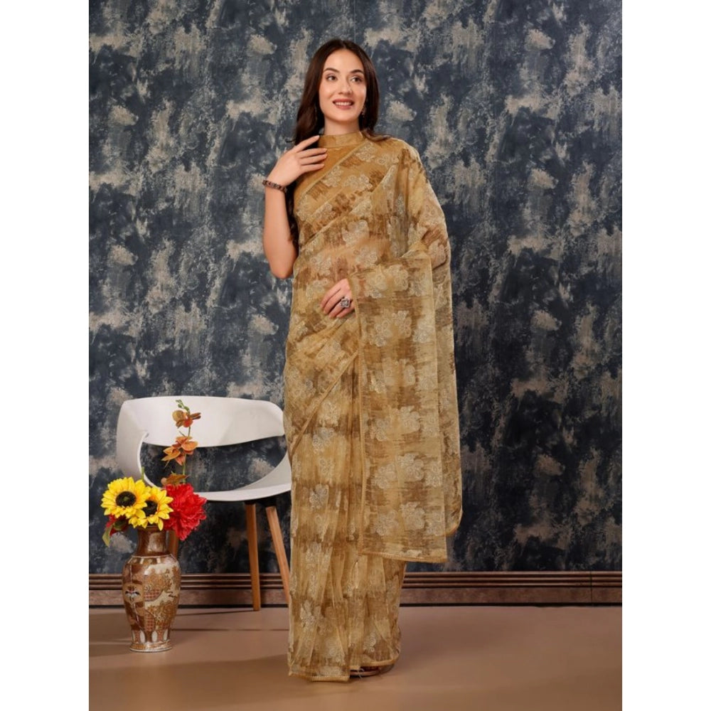 Generic Women's Linen Floral Printed Saree With Unstitched Blouse (Brown, 5-6 Mtrs) - Noble Nook