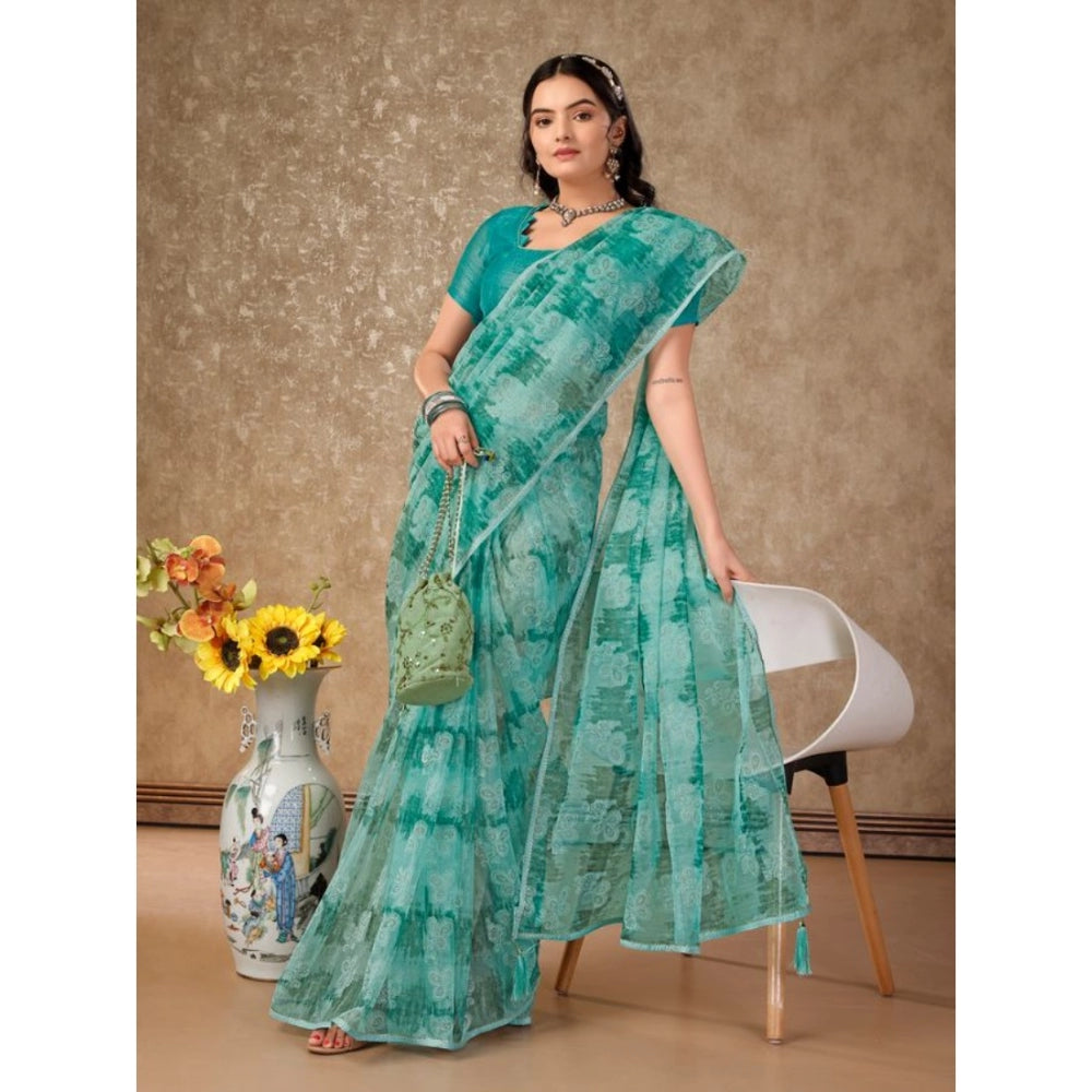 Generic Women's Linen Floral Printed Saree With Unstitched Blouse (Turquoise Green, 5-6 Mtrs) - Noble Nook